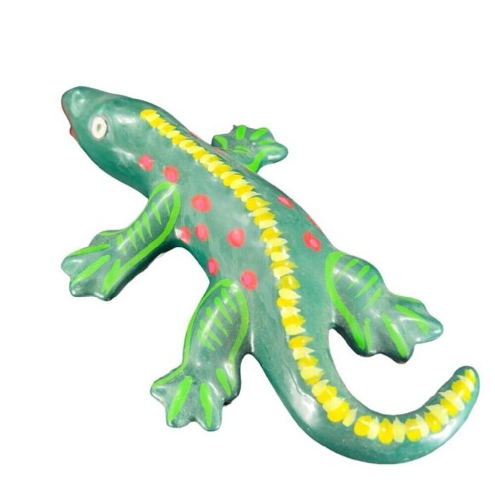 Mexico Pottery RedWare Ceramic Lizard‎ Iguana Figurine Green W Yellow Red Dots